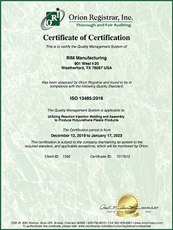 New RIM Manufacturing certification letter