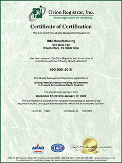 New RIM Manufacturing certification letter